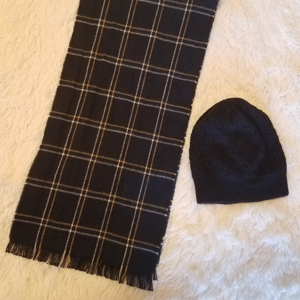 Hat with Black & Yellow Plaid Scarf